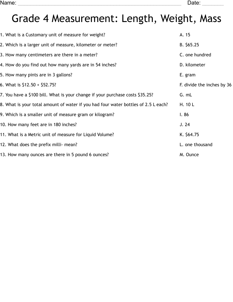 Grade 4 Measurement: Length, Weight, Mass Worksheet