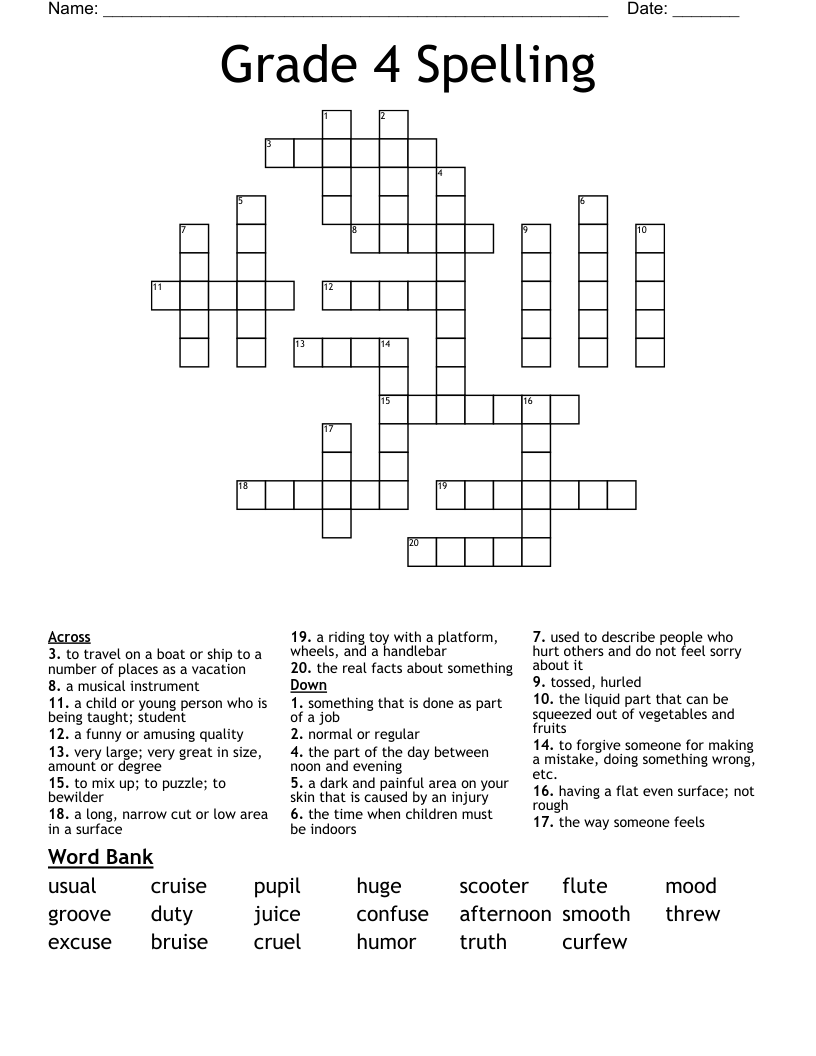 Grade 4 Spelling Crossword