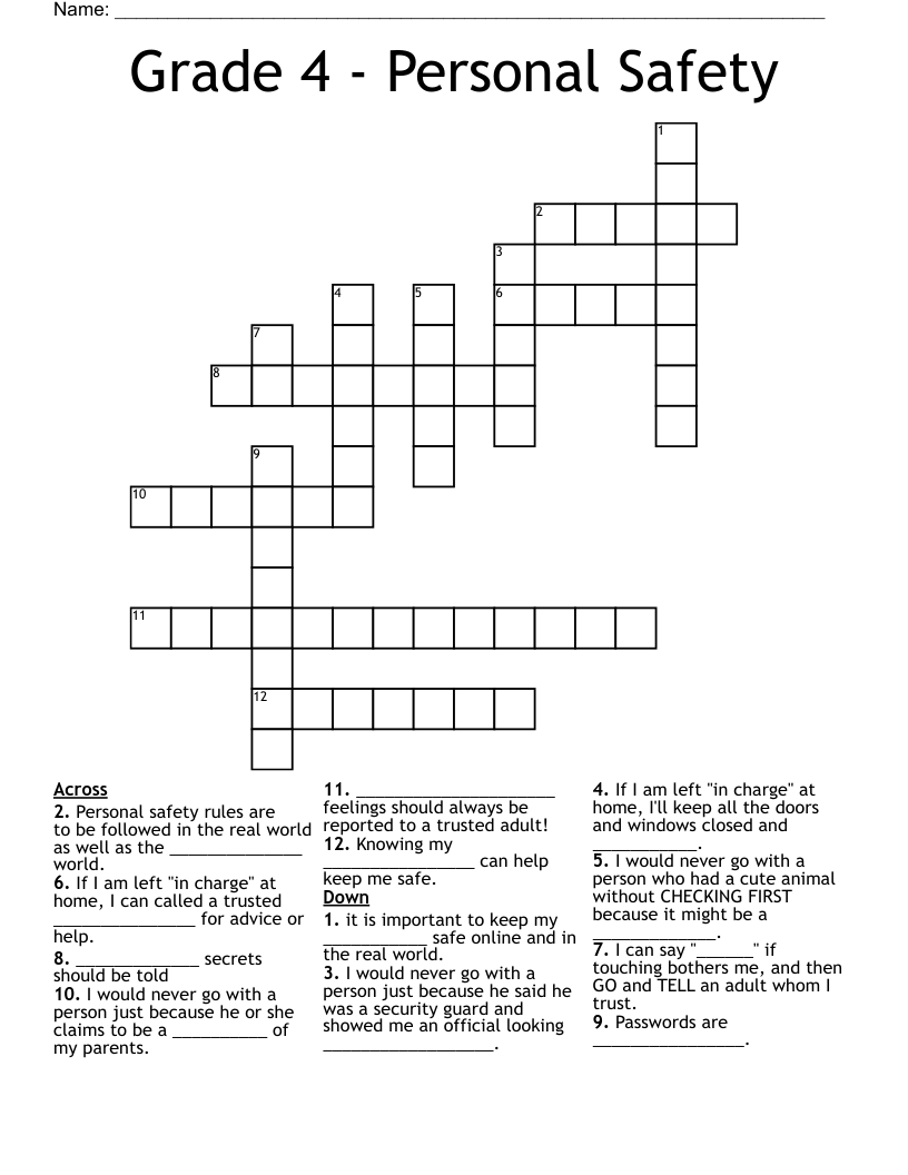 Grade 4 - Personal Safety Crossword