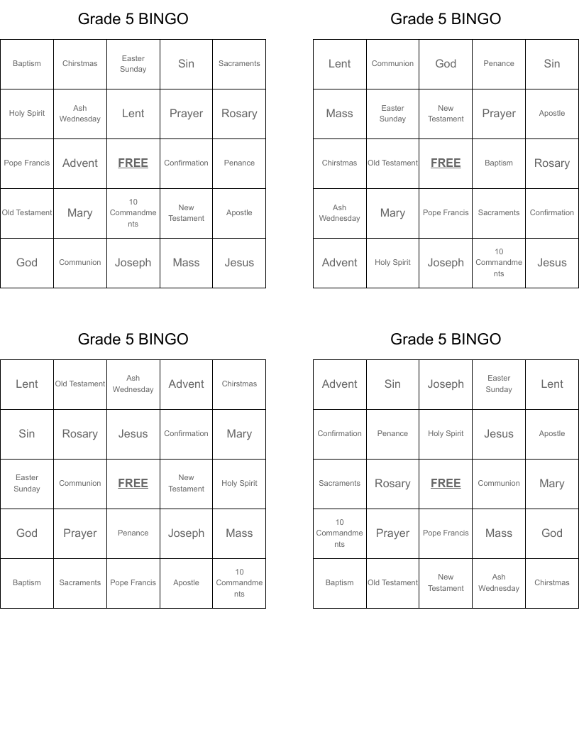 Grade 5 BINGO