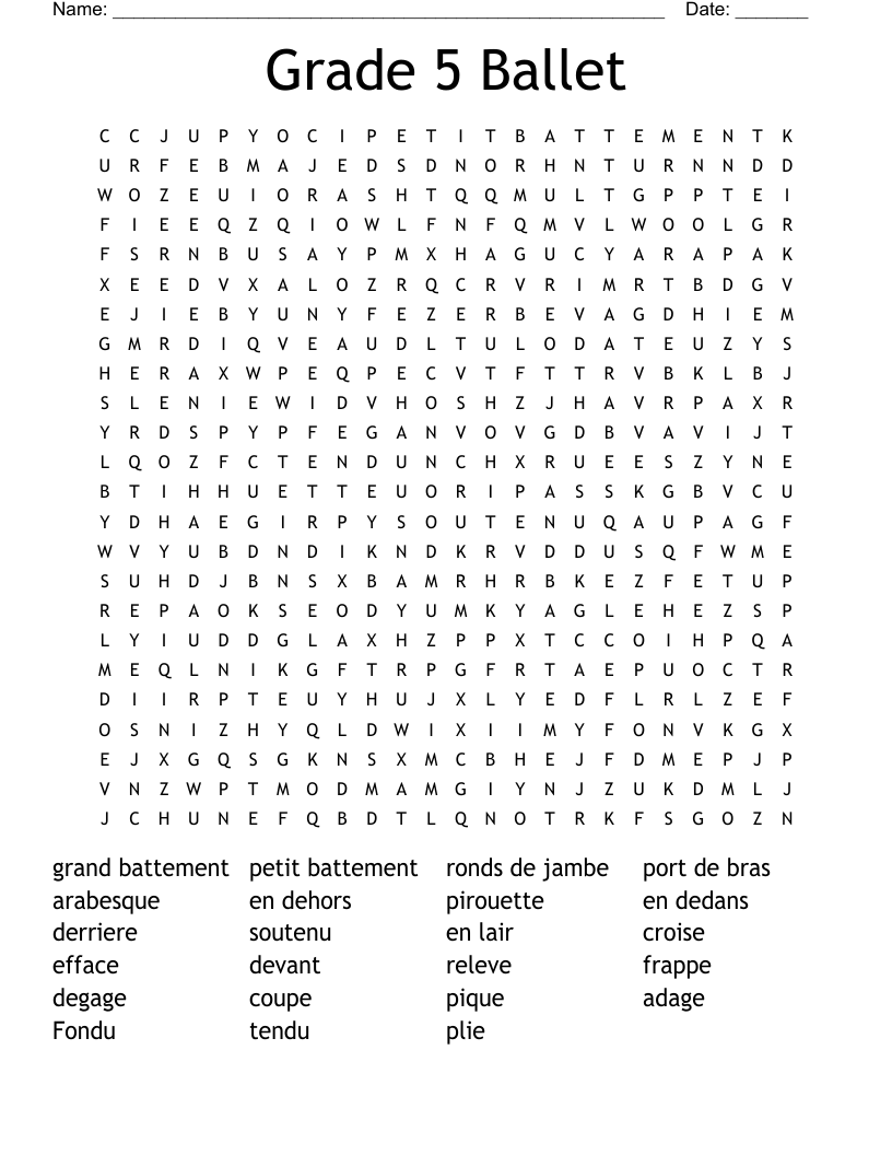 Grade 5 Ballet Word Search