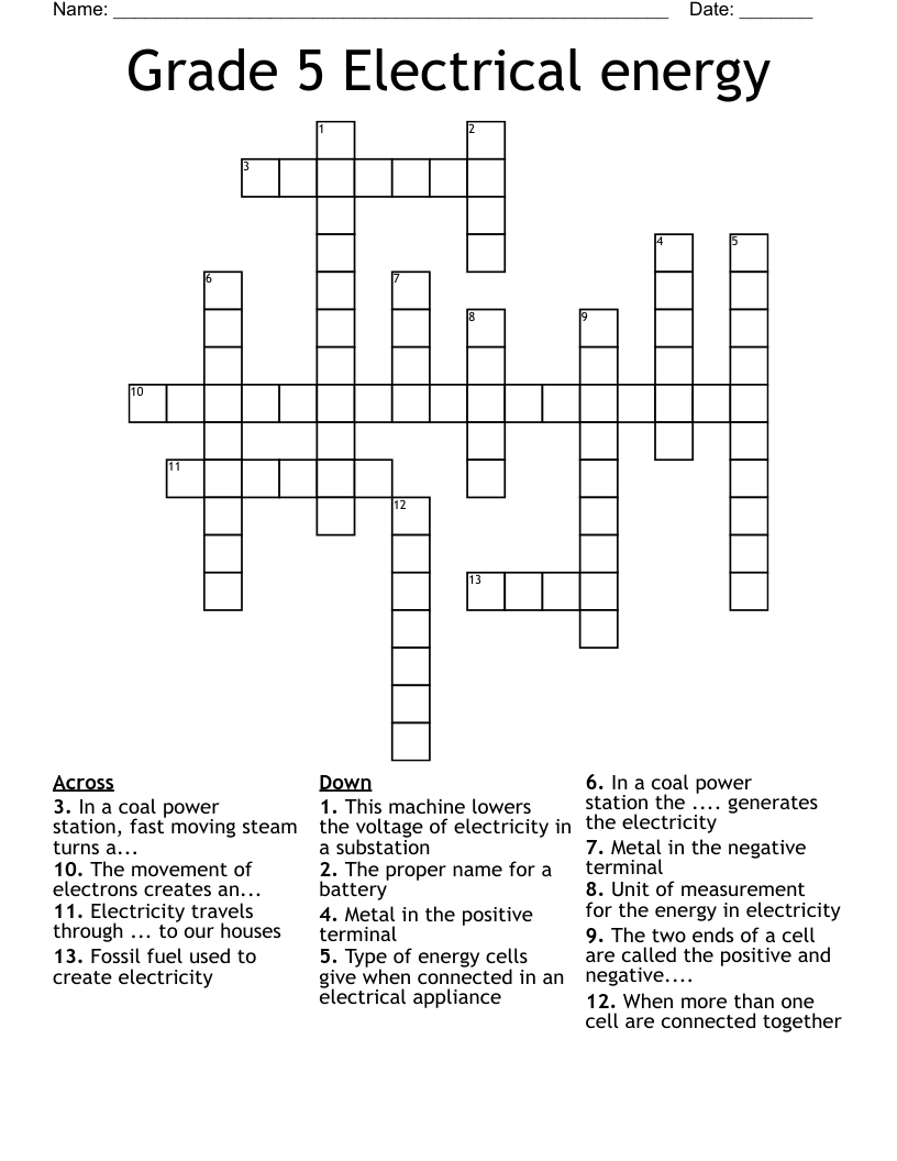 Grade 5 Electrical energy Crossword