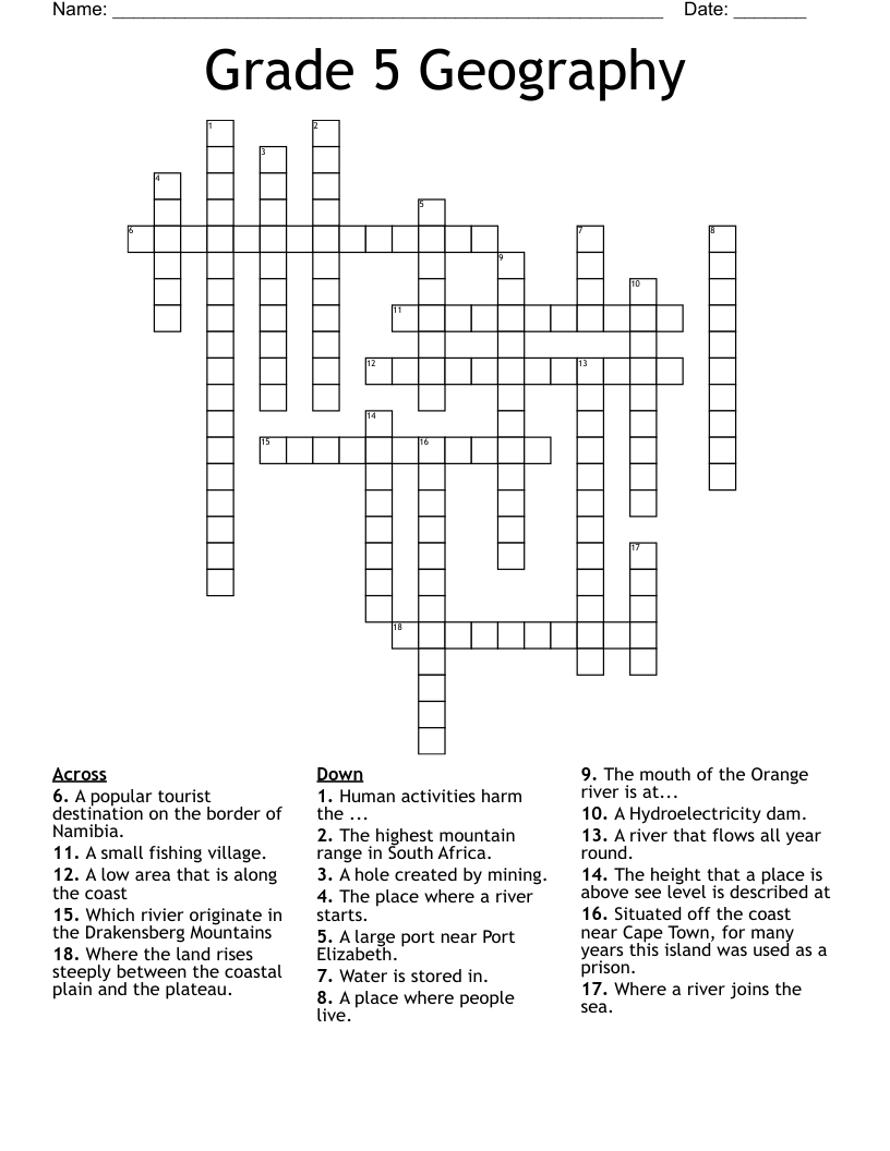 Grade 5 Geography Crossword