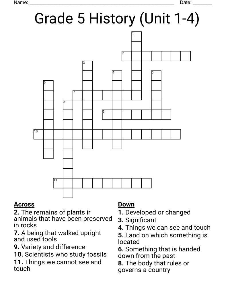 Grade 5 History (Unit 1-4) Crossword