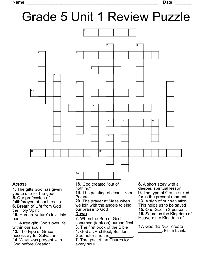 Grade 5 Unit 1 Review Puzzle Crossword