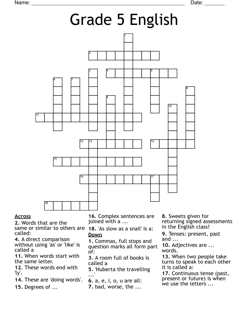 Grade 5  English Crossword