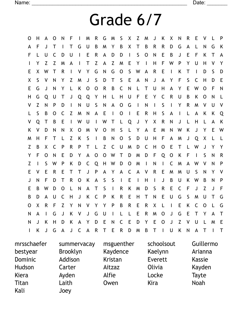 Grade 6/7 Word Search