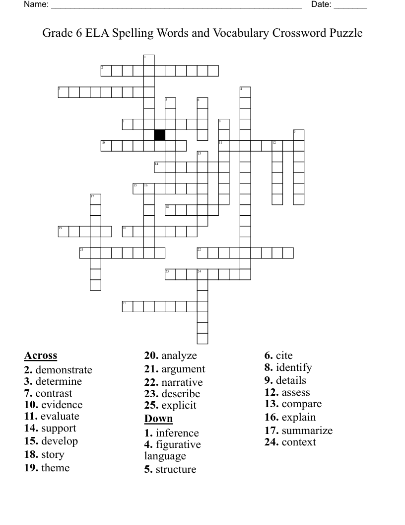 Grade 6 ELA Spelling Words and Vocabulary Crossword Puzzle