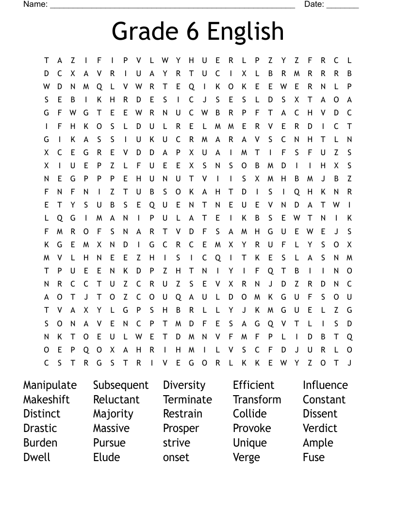 Grade 6 English  Word Search