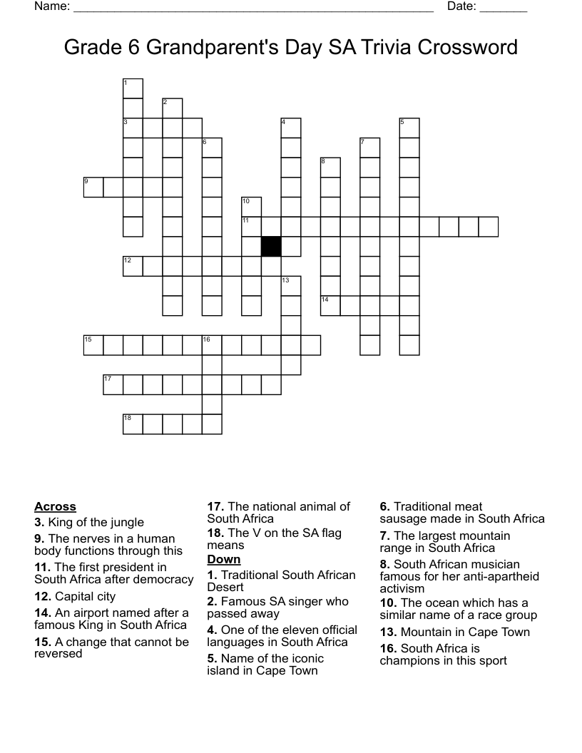 Grade 6 Grandparent's Day SA Trivia Crossword 