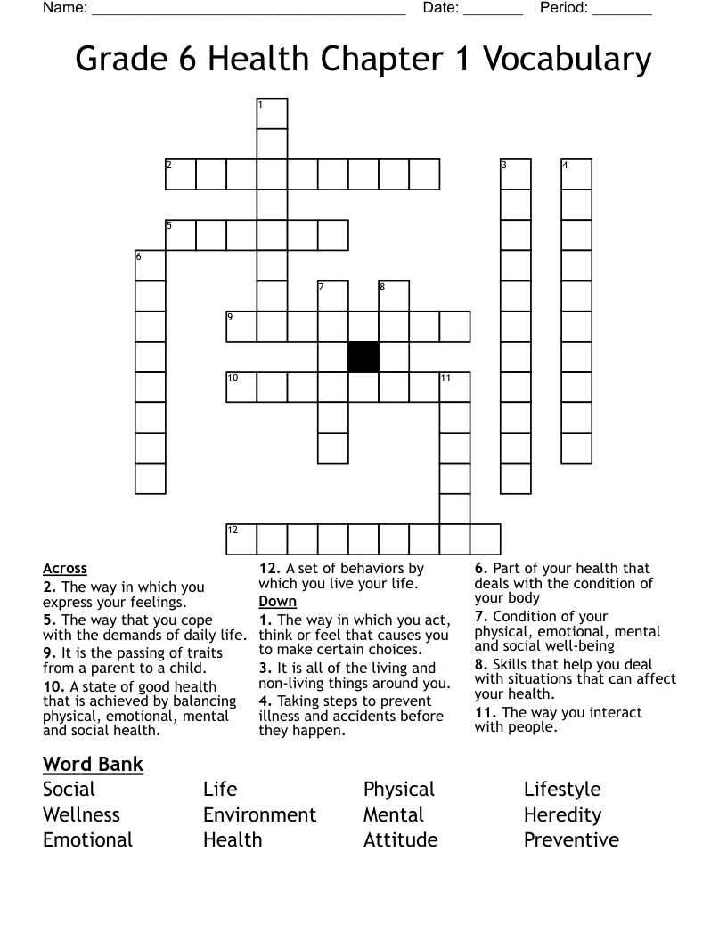 Grade 6 Health Chapter 1 Vocabulary Crossword