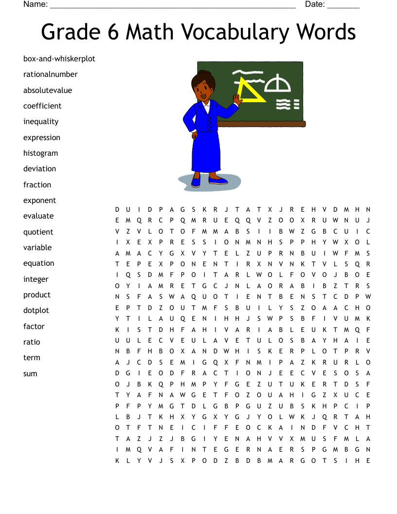 Grade 6 Math Vocabulary Words Word Search