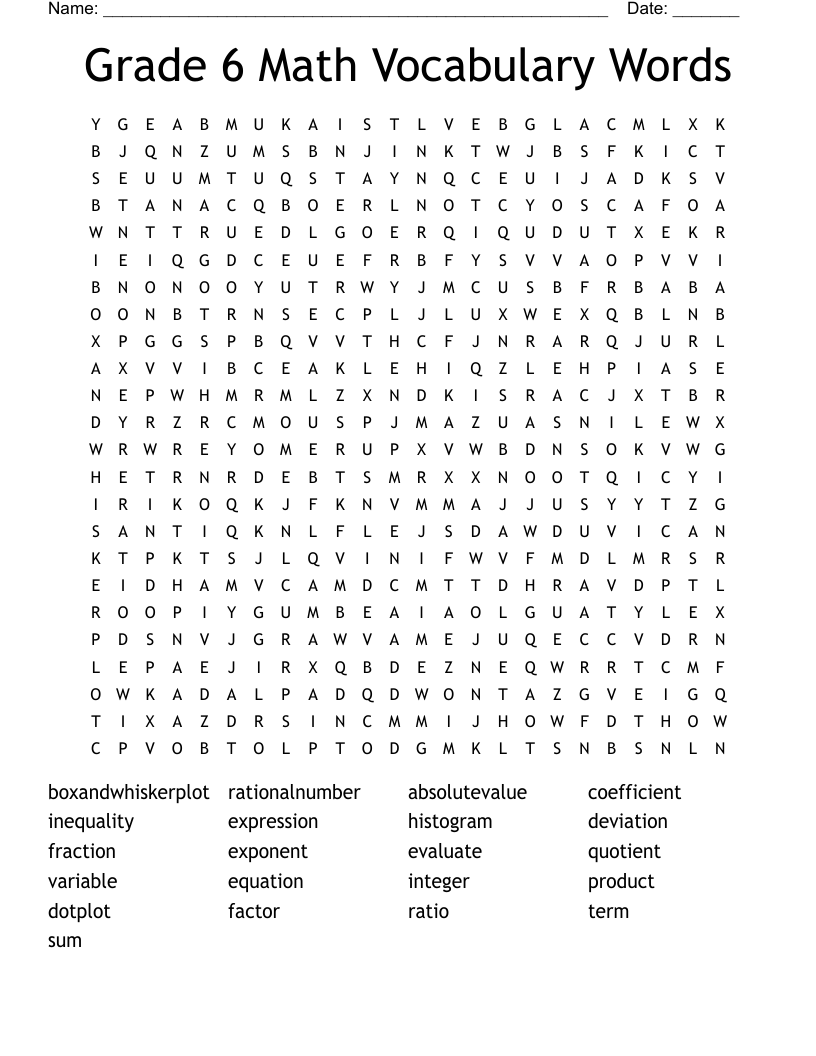 Grade 6 Math Vocabulary Words Word Search