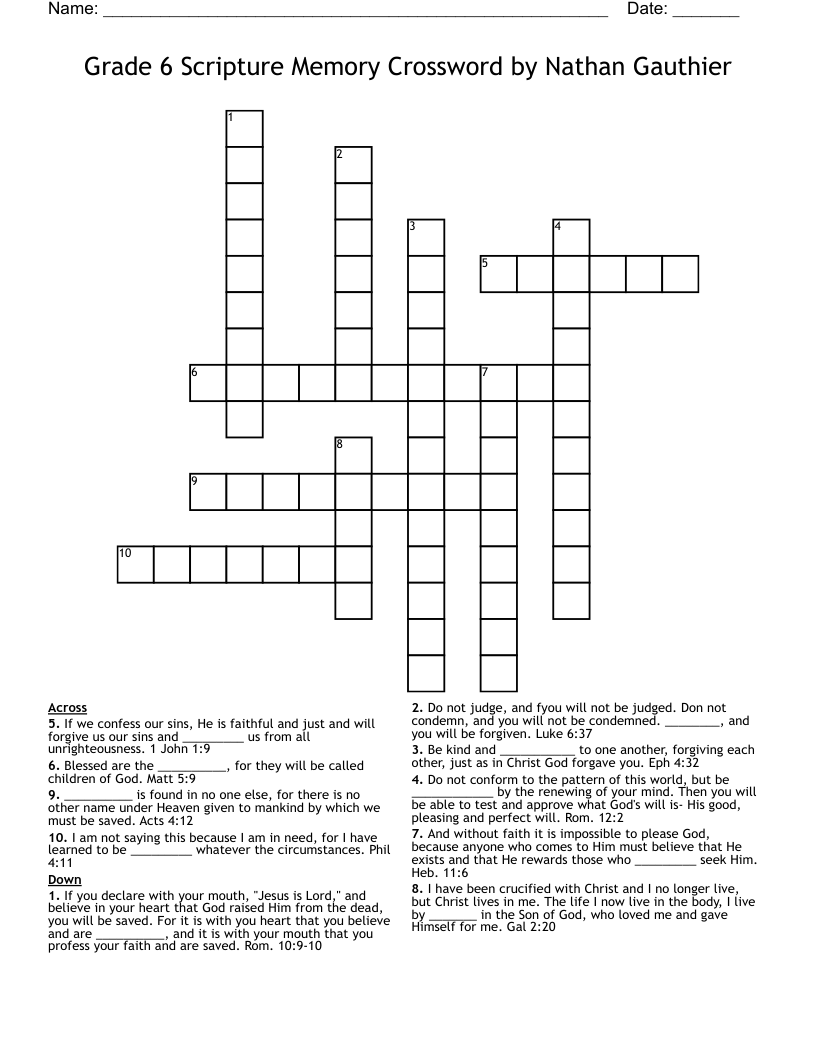 Grade 6 Scripture Memory Crossword by Nathan Gauthier