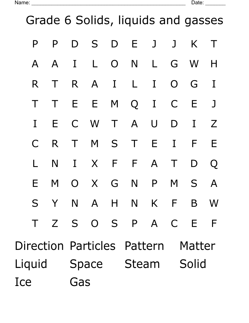 Grade 6 Solids, liquids and gasses Word Search