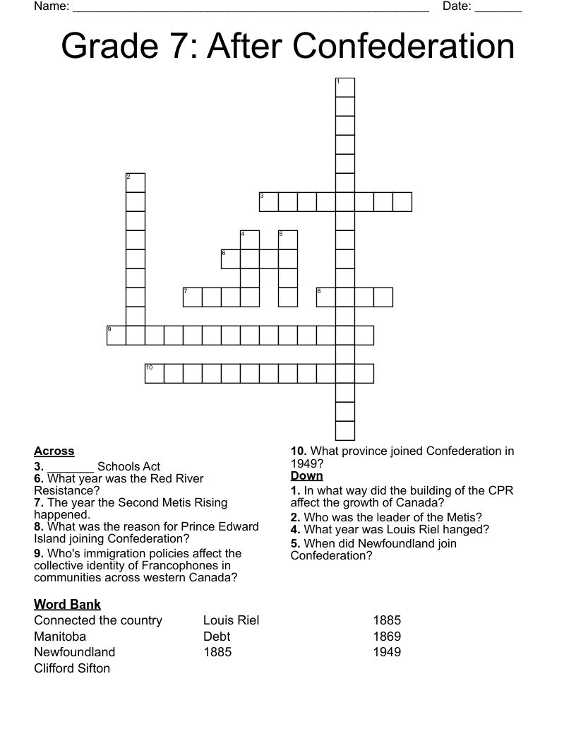 Grade 7: After Confederation Crossword