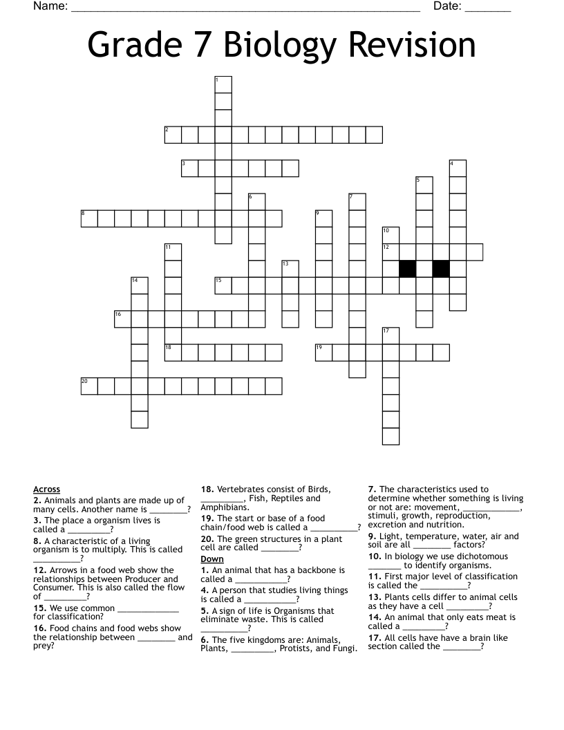 Grade 7 Biology Revision Crossword