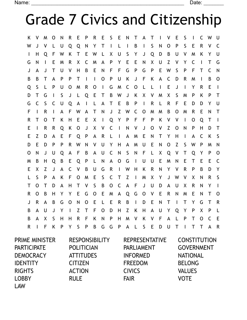 Grade 7 Civics and Citizenship Word Search