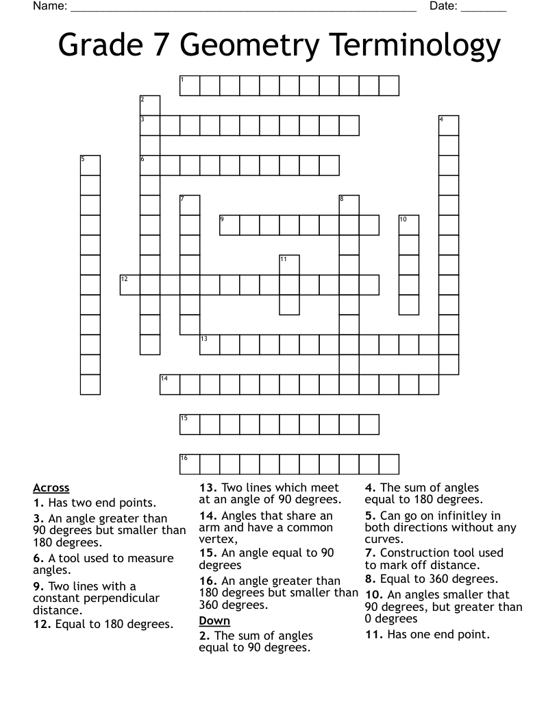 Grade 7 Geometry Terminology Crossword