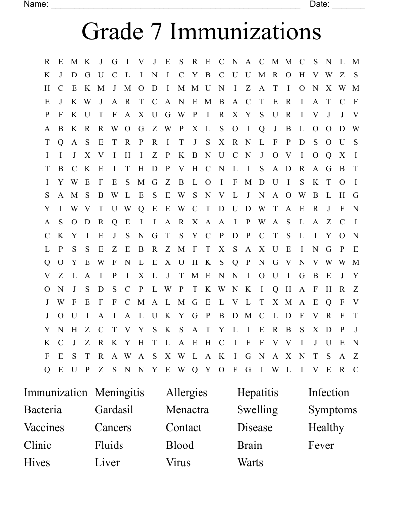Grade 7 Immunizations  Word Search