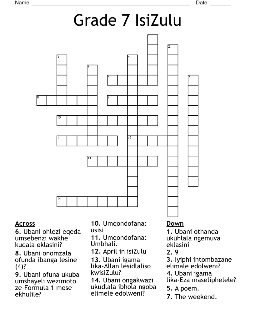 Grade 7 IsiZulu Crossword