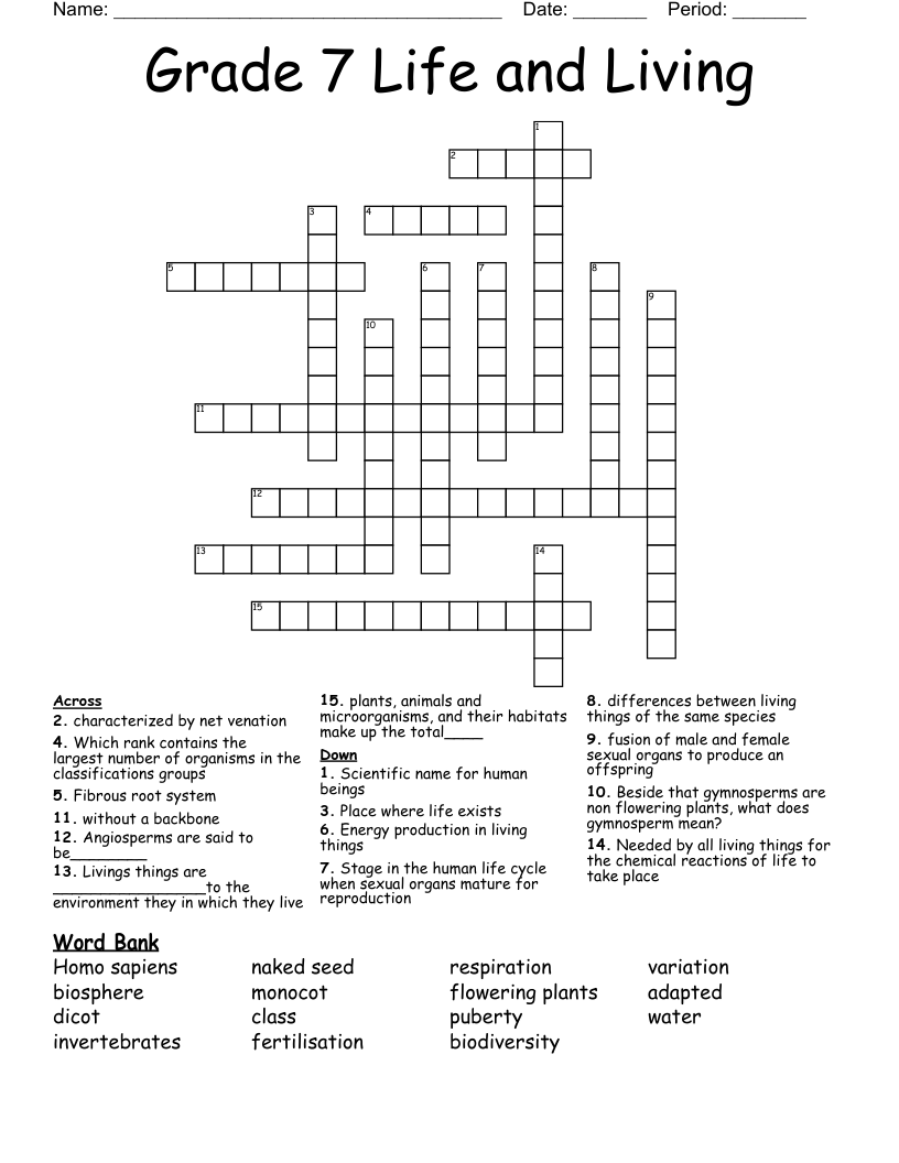 Grade 7 Life and Living Crossword