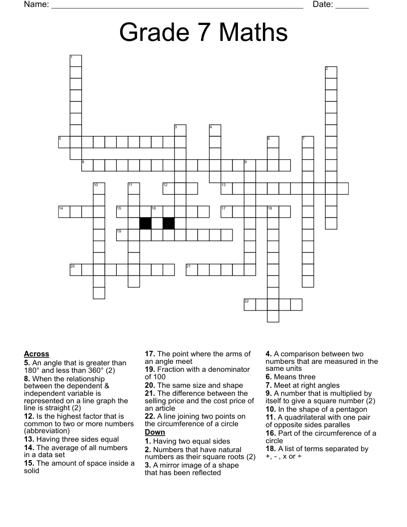 Grade 7 Maths Crossword
