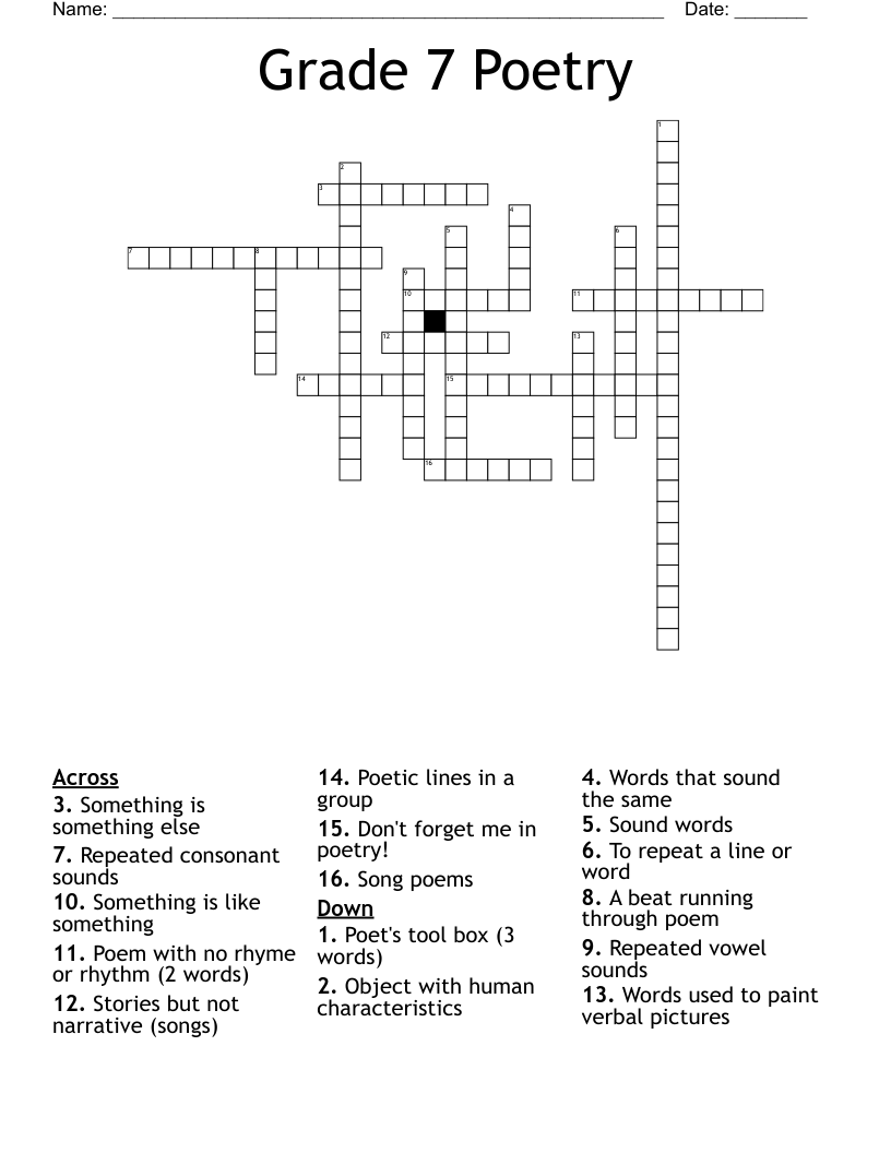Grade 7 Poetry Crossword