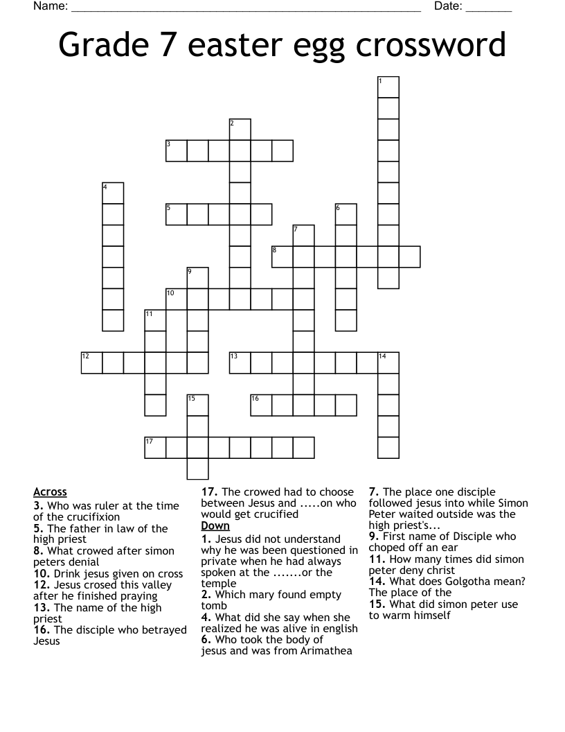 Grade 7 easter egg crossword