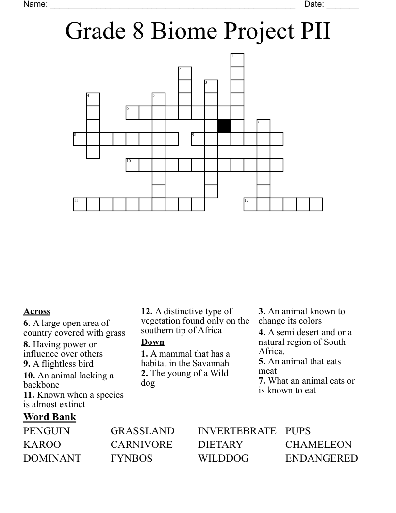 Grade 8 Biome Project PII Crossword