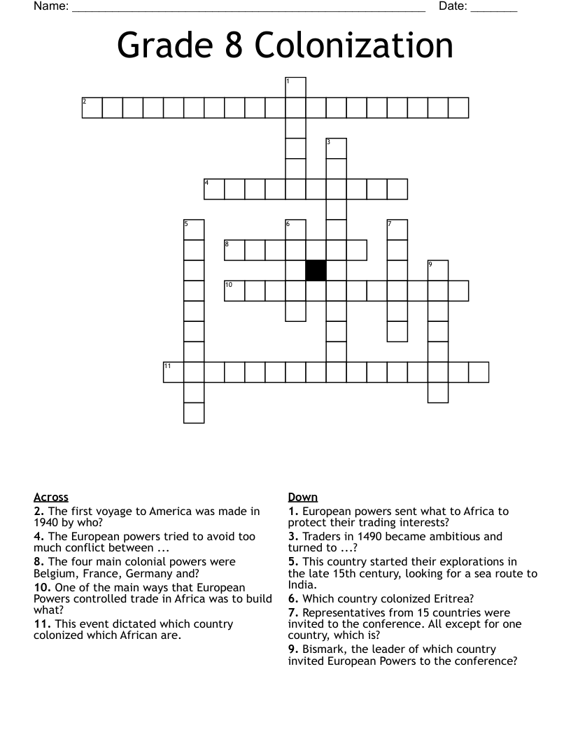 Grade 8 Colonization  Crossword