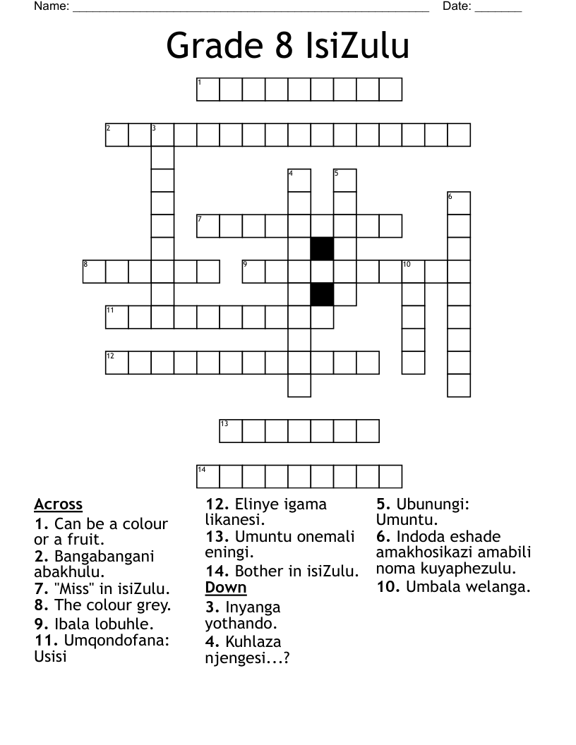 Grade 8 IsiZulu Crossword