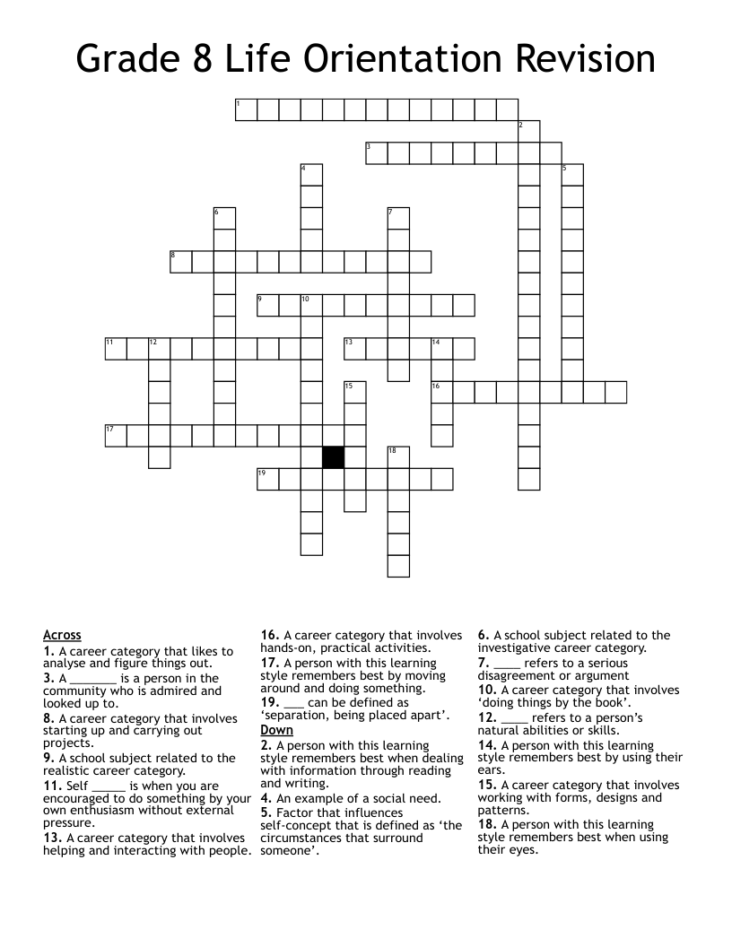 Grade 8 Life Orientation Revision Crossword