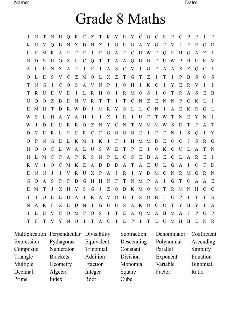 Grade 8 Maths Word Search