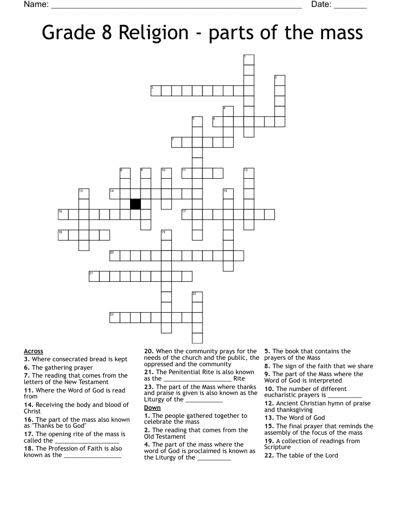 Grade 8 Religion - parts of the mass Crossword