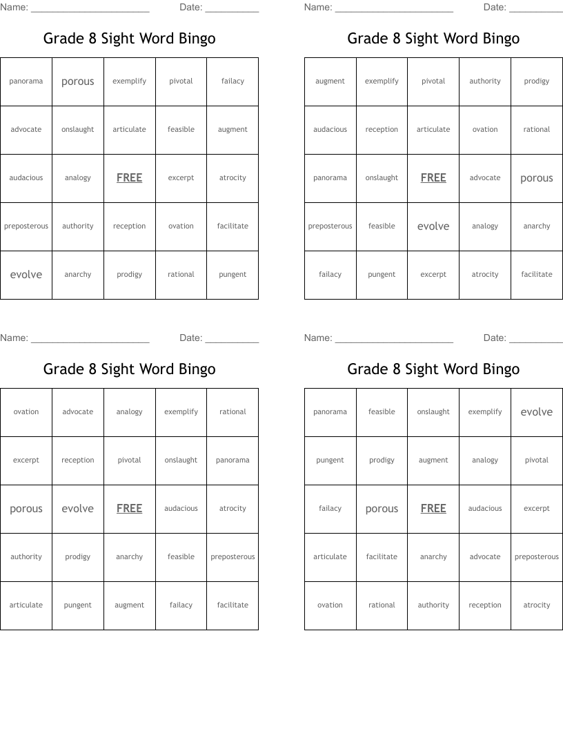 Grade 8 Sight Word Bingo