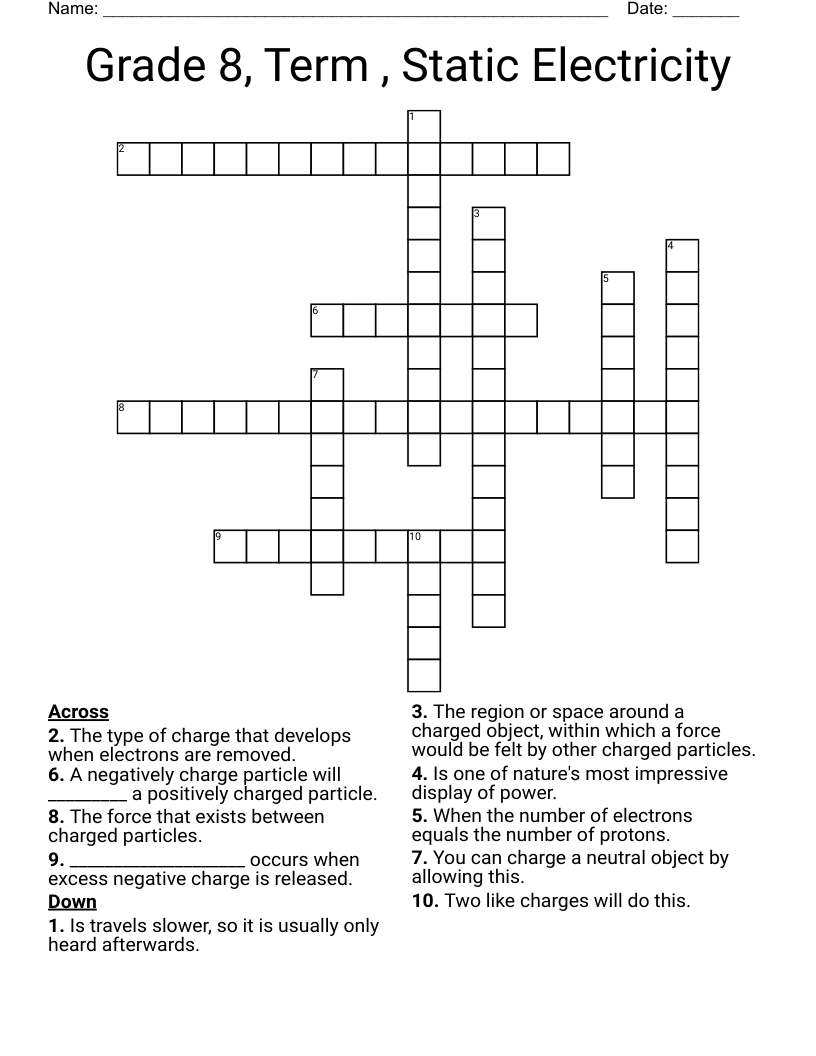 Grade 8, Term , Static Electricity Crossword