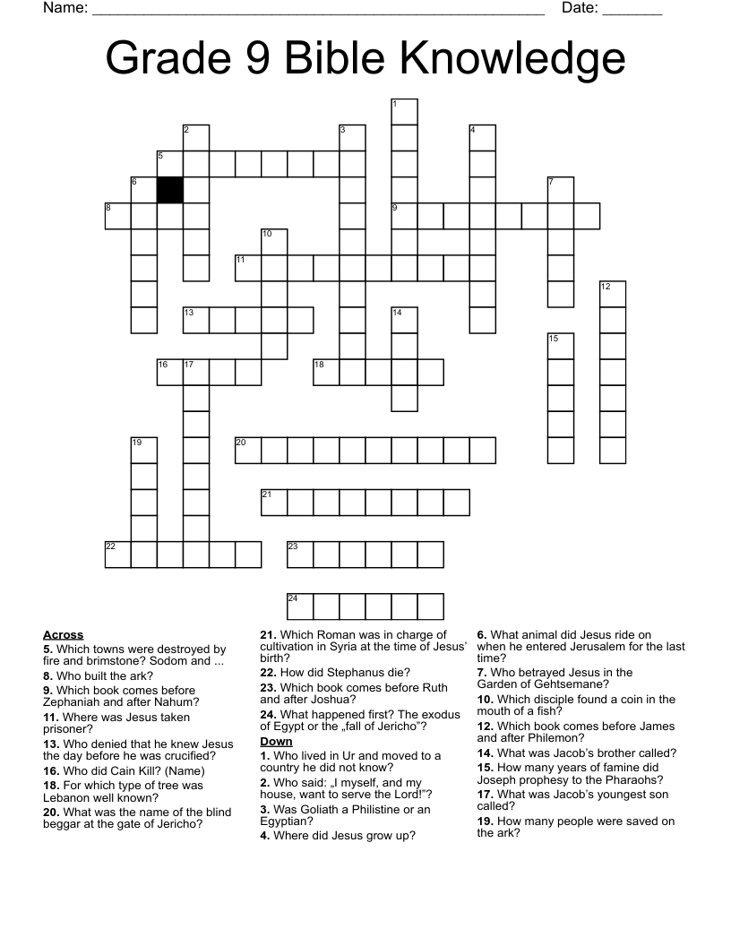 Grade 9 Bible Knowledge Crossword