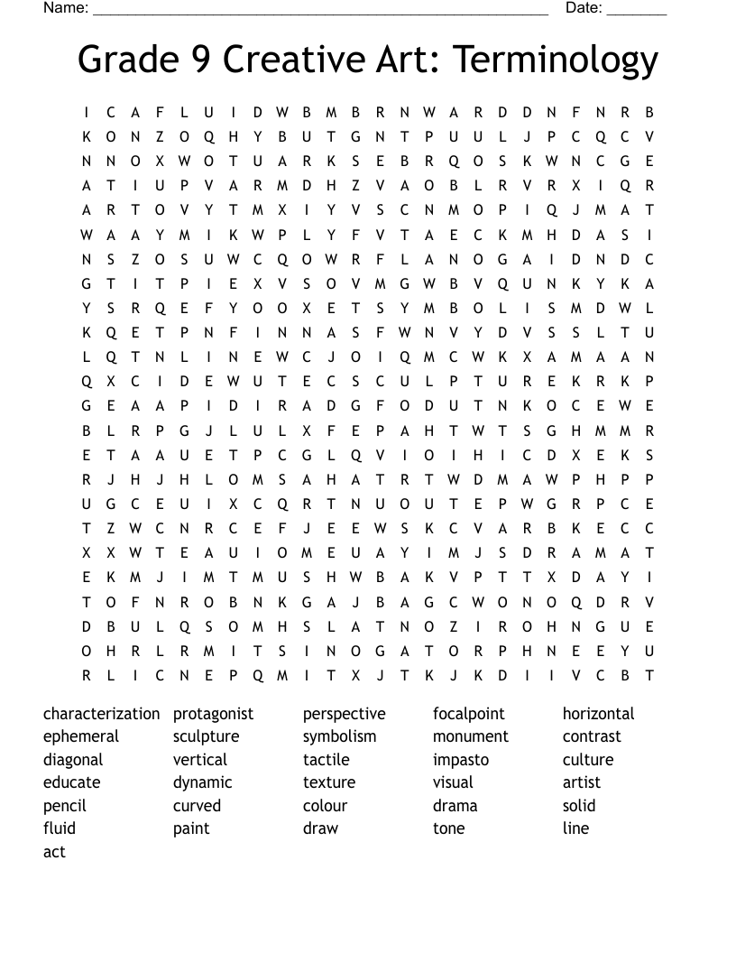 Grade 9 Creative Art: Terminology Word Search