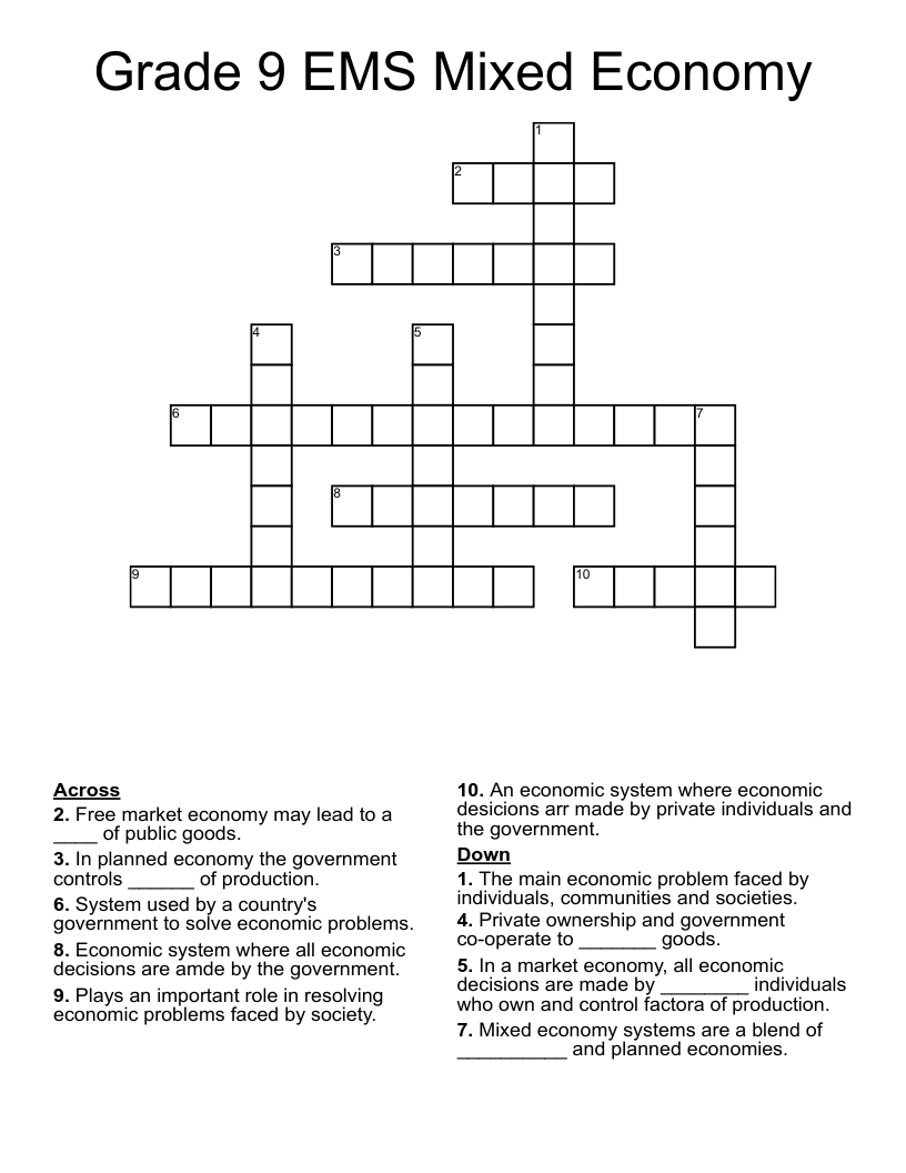 Grade 9 EMS Mixed Economy Crossword