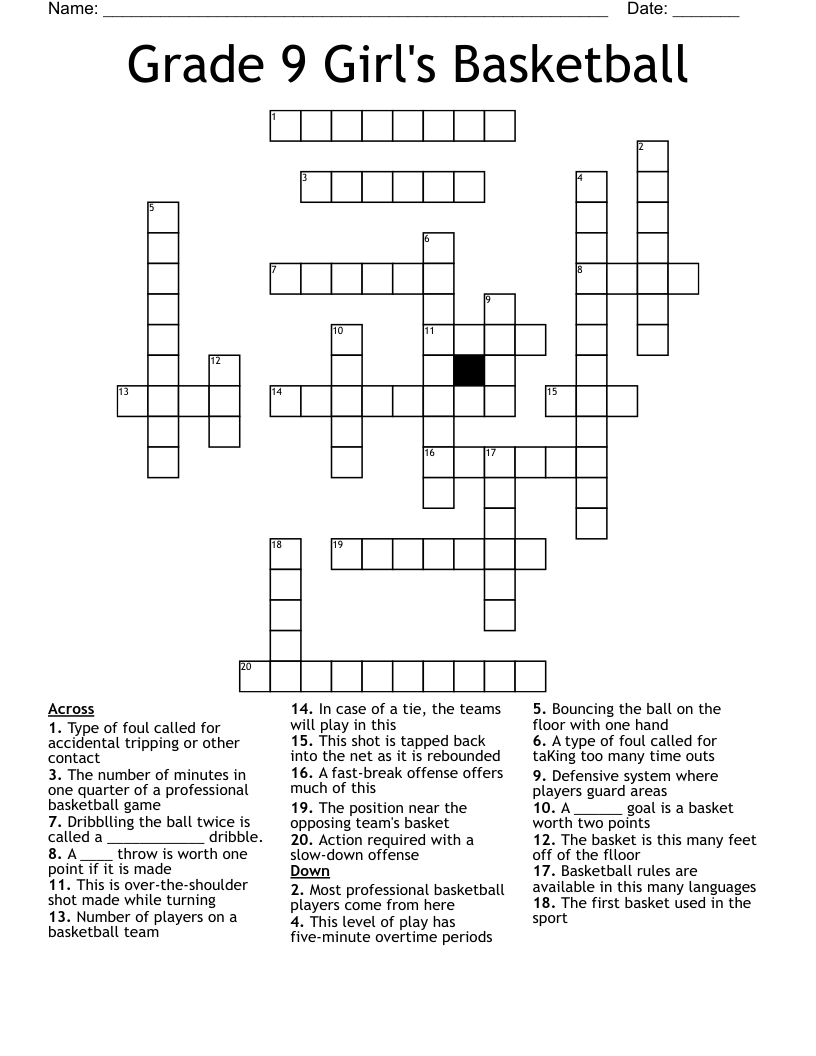 Grade 9 Girl's Basketball Crossword