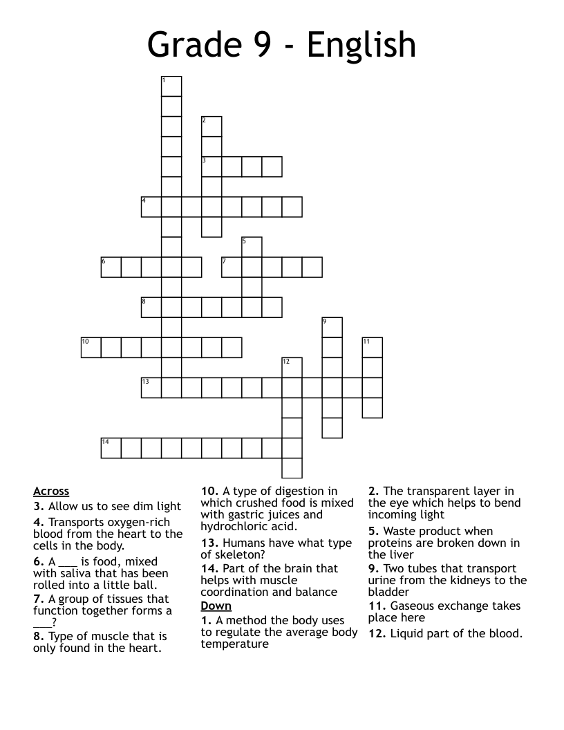 Grade 9 - English Crossword