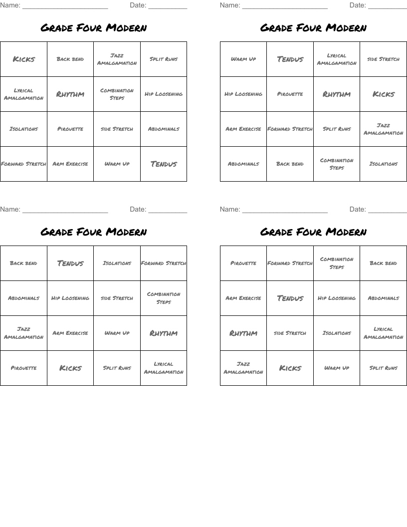 Grade Four Modern Bingo Cards