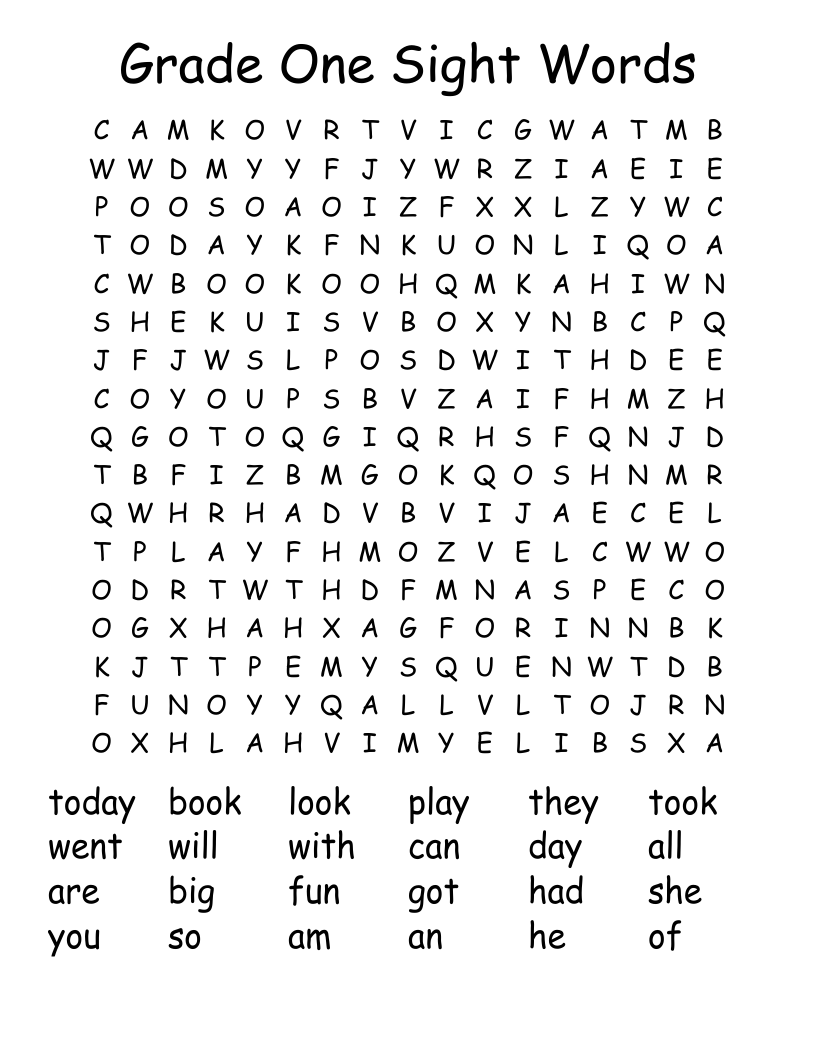Grade One Sight Words Word Search