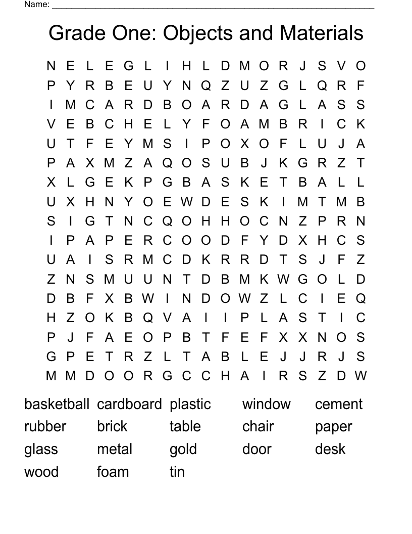 Grade One:   Objects and Materials Word Search