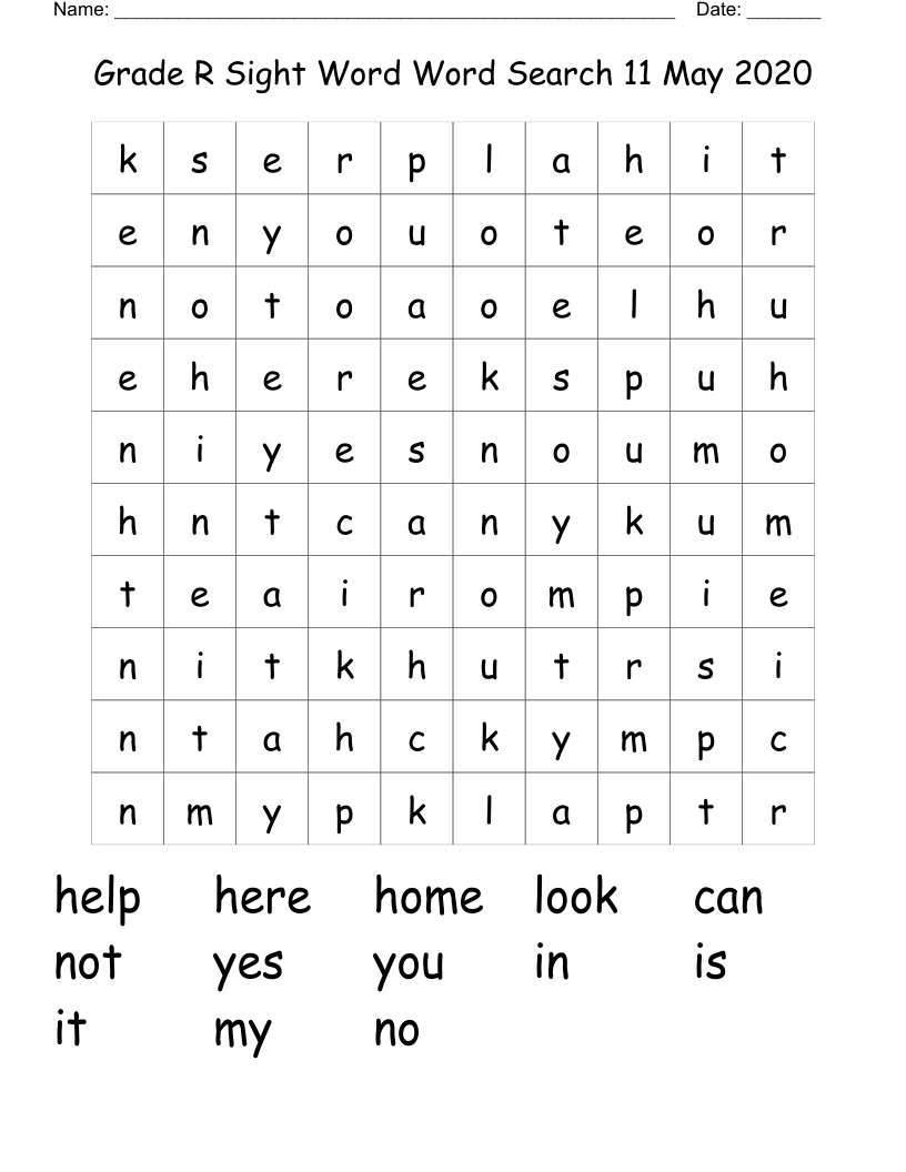 Grade R Sight Word Word Search 11 May 2020