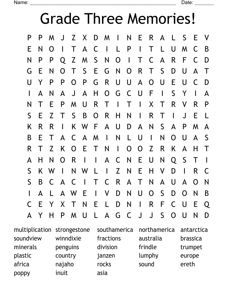 Grade Three Memories! Word Search