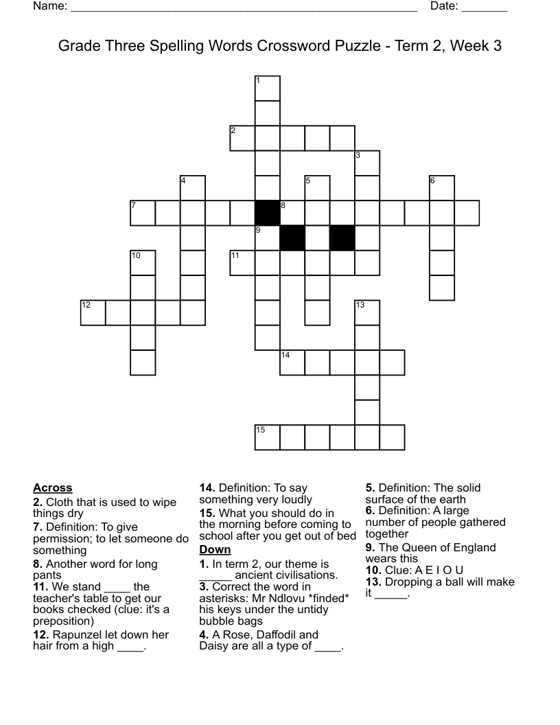 Grade Three Spelling Words Crossword Puzzle - Term 2, Week 3