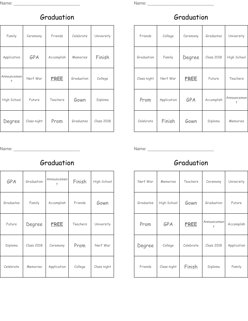Graduation Bingo Cards