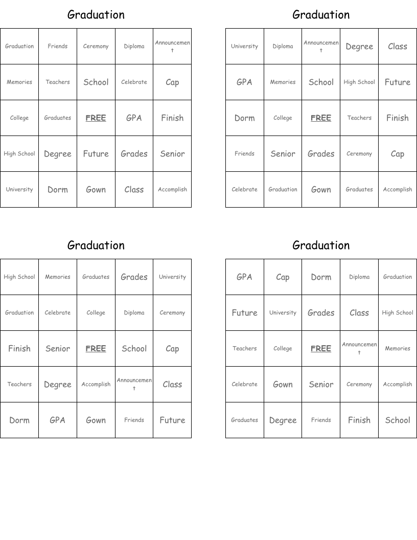 Graduation Bingo Cards